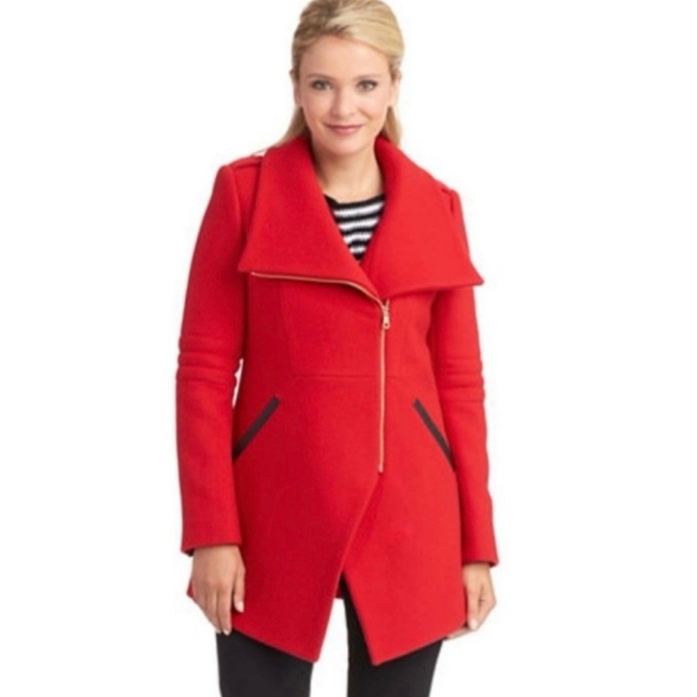 FRENCH CONNECTION | Red Tulip Hem Asymmetrical‎ Moto
Zip Wool Blend Coat Medium